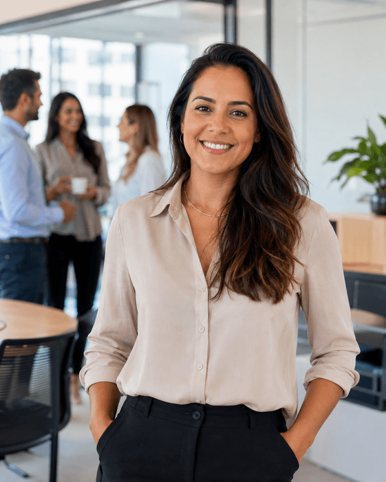Profissional de RH sorrindo em ambiente corporativo
